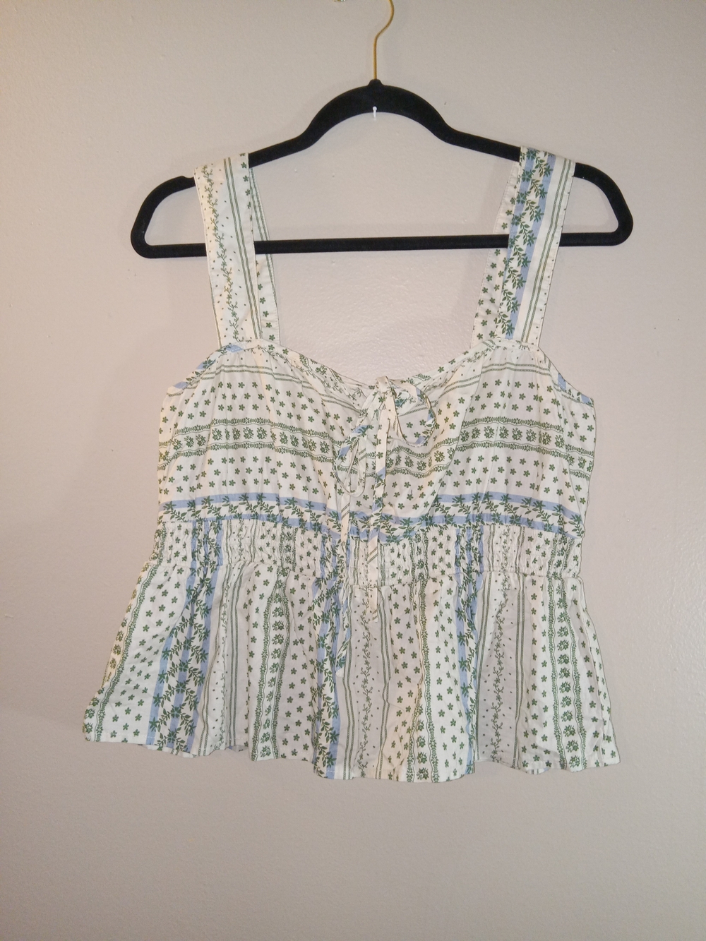 Easel Women’s White Floral Tie-Front Peplum Tank with Blue & Green Stripe